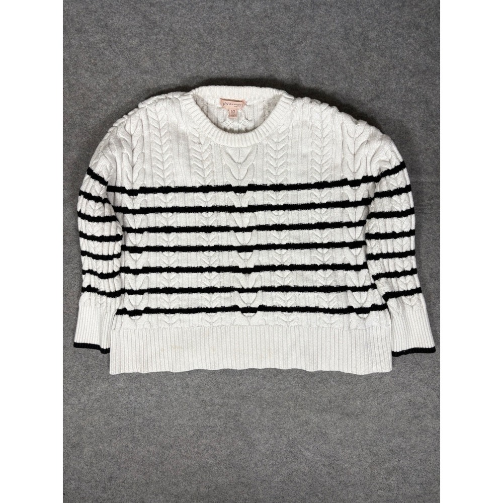 Philosophy Republic Womens Striped Cable Knit Short Sleeve Sweater Ivory Black L